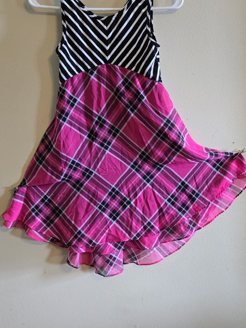 Sleeveless Pink Plaid & Black-White Striped Girls Dress Emily West Size 10/12 10